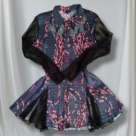 KOMAROV Button Front Lace Sleeve and Detail Crinkle Multicolor Shirt Top Dress L - Picture 2 of 9